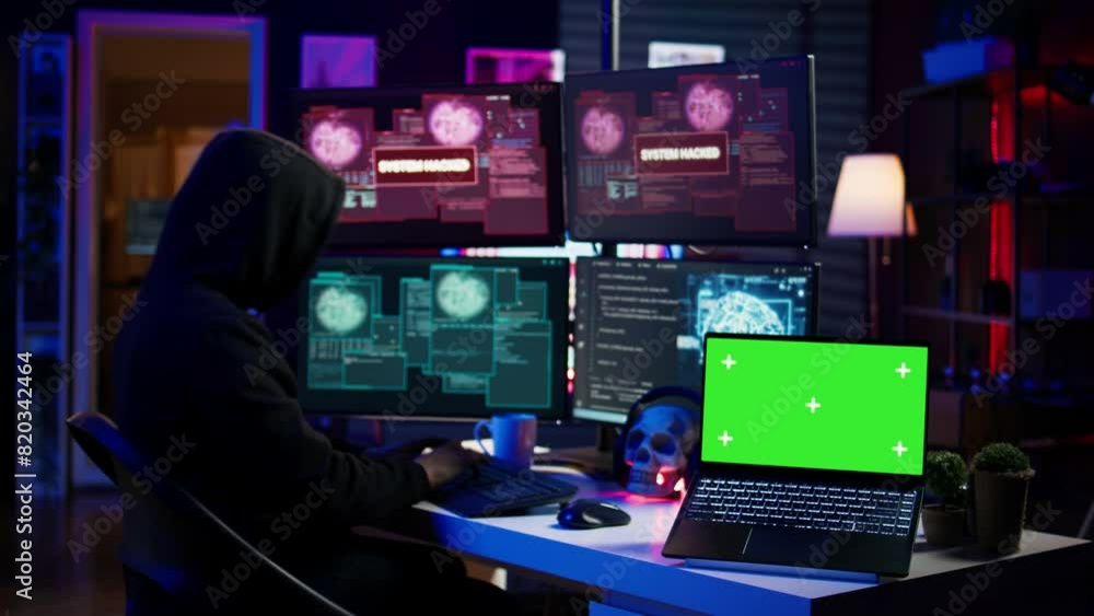 Wall mural hacker doing computer sabotage using trojan ransomware on green screen laptop. cybercriminal uses mo