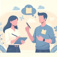 Fototapeta premium Collaborative Discussion: Illustration of a Man and a Woman Brainstorming Ideas Together