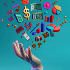  variety of 3D objects, including financial symbols, office supplies, and geometric shapes, float against a teal background. Digital artwork with a mix of real-world objects and abstract elements.