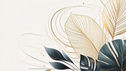 Abstract art background. Luxury minimal style wallpaper with golden line art flower