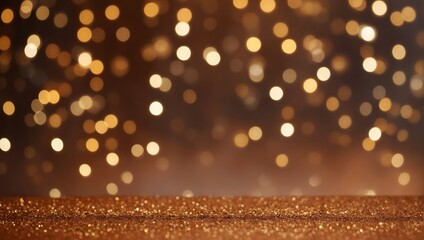 Abstract blur bokeh banner background. Gold bokeh on defocused terracotta background.
