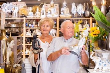 Portrait of senior woman and man choosing decorative statue for home at store of household goods