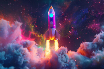 3d render of colorful rocket ship starting, glowing light effects, galaxy background