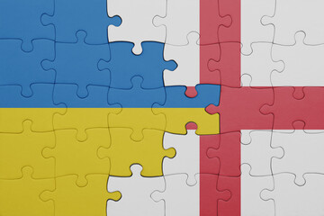 puzzle with the colourful national flag of england and flag of ukraine.