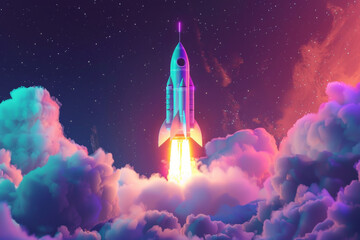 3d rocket ship launch with colorful smoke and glow, space background, detailed illustration