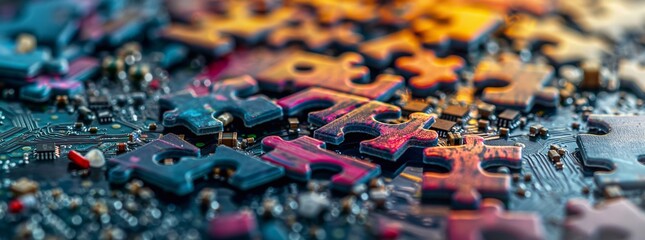 A closeup of colorful puzzle pieces scattered on the motherboard, symbolizing an open and intricate system that can be designed to fit together in various ways. generative AI