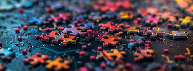 A closeup of colorful puzzle pieces scattered on the motherboard, symbolizing an open and intricate system that can be designed to fit together in various ways. generative AI