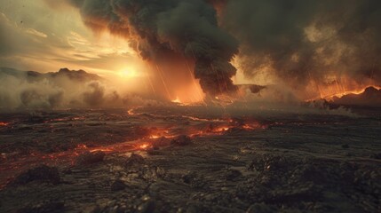 Fototapeta premium As lava pours down it leaves behind a barren and desolate landscape in its wake.