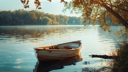 Serene lake with rowboat moored at shore during sunrise