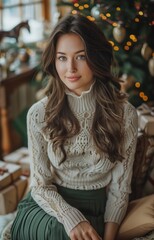 stunning woman in her thirties sits elegantly by a Christmas tree adorned with lights