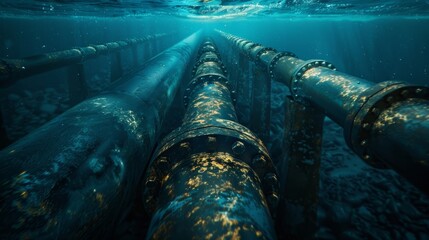 Aerial view of a massive underwater pipeline spanning across the ocean floor.