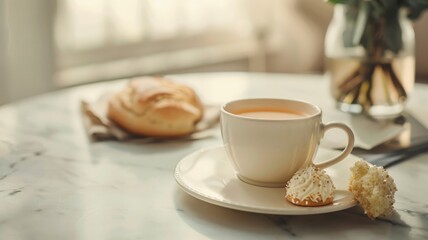 Fototapeta premium Cup of tea with pastries on marble table, light and elegant setting