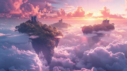 Floating islands in a surreal sunset landscape above the clouds.