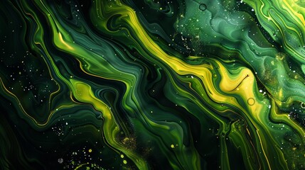 Abstract art with green and yellow streaks on a dark background.