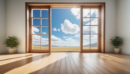 Minimalist-style room with wooden window frame casting soft daylight onto the floor, showcasing a backdrop of blue sky and clouds