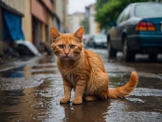 Stray homeless orange cat. Sad abandoned hungry kitten sitting alone in the street under rain. Dirty wet lost cat outdoors with blurred background.