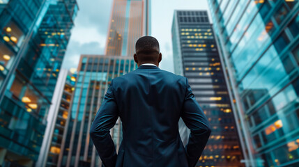 Fototapeta premium Businessman in Suit Facing Tall Buildings