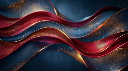 Abstract red and blue waves with gold accents on a dark background.