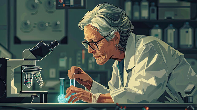 Older woman in a lab coat working on a scientific experiment with digital tools