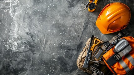 Construction tools and safety gear on a textured gray background.