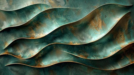 Metallic turquoise waves with golden accents on a textured background.