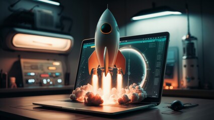 3D rocket launching from a laptop screen, digital innovation, startup technology, creative business solutions