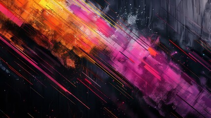 Abstract diagonal strokes in vibrant orange, pink, and purple against a dark background.