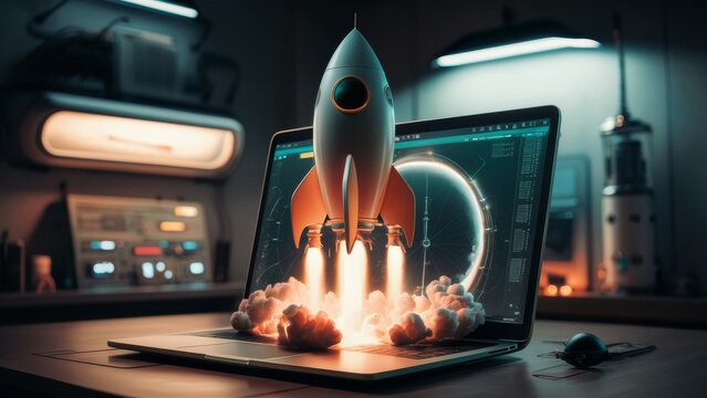 3D rocket launching from a laptop screen, digital innovation, startup technology, creative business solutions