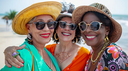 Diverse Group of Middle-Aged Women Standing Together on Beach
