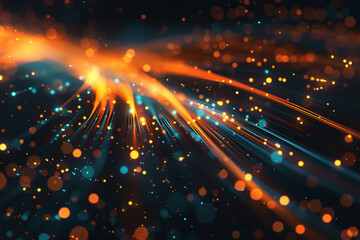Abstract background with glowing light lines and bokeh lights on a dark black backdrop, depicting a data transfer concept. A digital technology futuristic abstract background