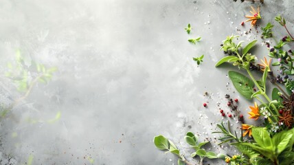 Assorted fresh herbs and spices scattered on gray textured background with copy space