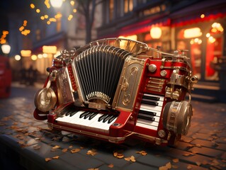 Old accordion on the street in the evening. 3d illustration