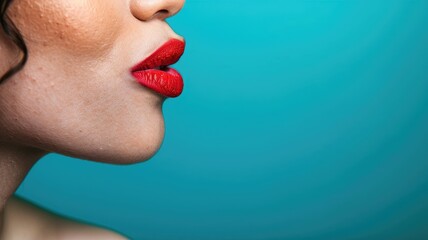 Close-up of person's red lips slightly parted against turquoise background