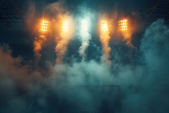 A smokey, dark background with bright lights in the foreground. The lights are orange and yellow