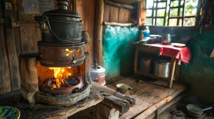 In a small humble kitchen a rustic biomass stove hums with heat providing necessary warmth for a family living in the rural countryside.