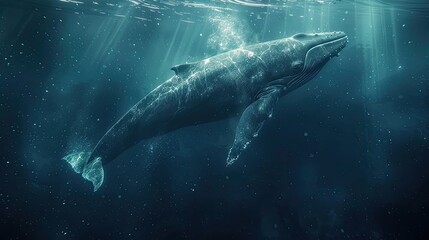Fototapeta premium A whale is swimming in the ocean. The water is clear and blue. The whale is the main focus of the image