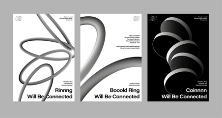 Minimal poster design set black white monochrome gradient modern art style  abstract ring intertwine coin link line Linear Wall White Minimalist Poster Nordic Room Prints annual exhibition urban style