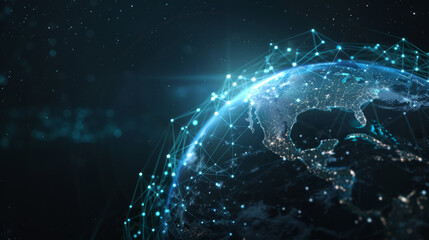 Abstract global network concept with blue earth and glowing connections, light lines on dark background. International connectivity of the planet Earth for business or technology ideas.
