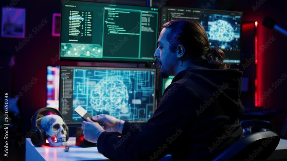 Poster hacker uploading sensitive data from ssd obtained from victim through ransomware virus, close up. sc