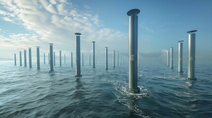 Clusters of tall thin pillars dot the coastline each one topped with a rotating device that captures energy from the tidal currents.