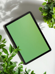 A tablet with black green screen is sitting on a white table with green leaves in the background. Mockup, template with empty copy space.
