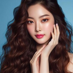 Fototapeta premium Beautiful asian skincare model with healthy skin, long hair in isolated background