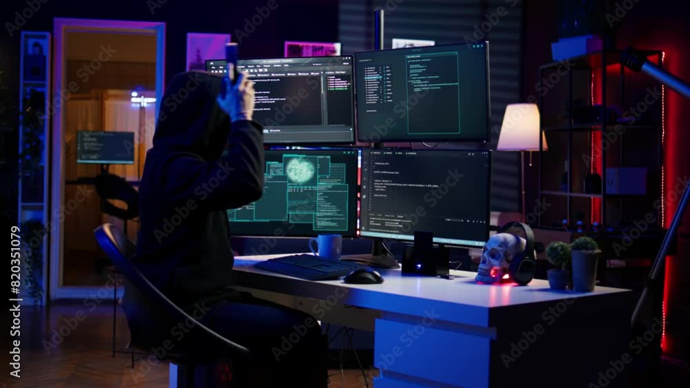 Poster hacker stealing credit card numbers while listening music through headphones. evil developer program