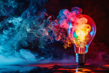 Colorful light bulb with colorful smoke on black background, concept of idea and innovation. high detail, ultra realistic photo
