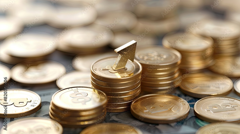 Poster a pile of gold coins with a single coin on top that has an arrow pointing upwards. the coins are sta