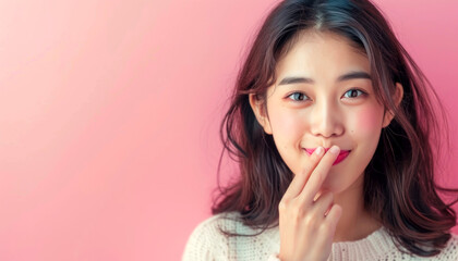 Naklejka premium Asian woman, expand fingers at mouth cheek. she is whisper something.