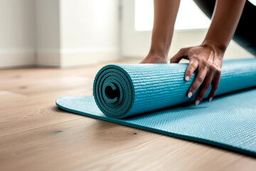 Close up of a woman rolling a yoga mat for a relaxing zen yoga practice