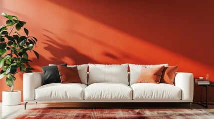 3D rendering of a modern living room featuring a white fabric sofa against a coral wall.
