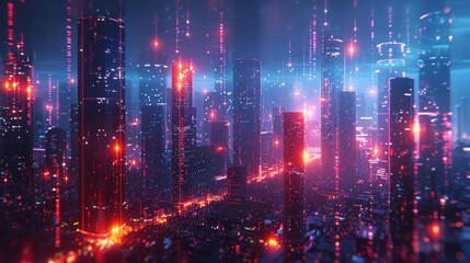 Fototapeta premium A digital background featuring a futuristic cityscape with glowing lines and data streams.