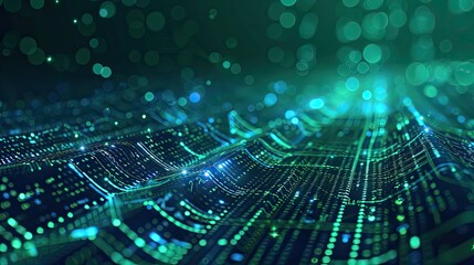 Fototapeta premium A computer screen with a green background and a lot of dots. The dots are arranged in a way that creates a sense of movement and energy. The image conveys a feeling of technology and innovation